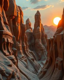 An epic, futuristic scene unfolds as sculptural clay art depicts a breathtaking sunset illuminating massive sandstone canyon 