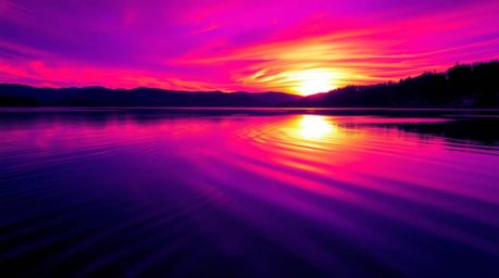 Experience the captivating beauty of a serene lake reflecting a vivid sunset in this deep ultraviolet photograph.  The image 