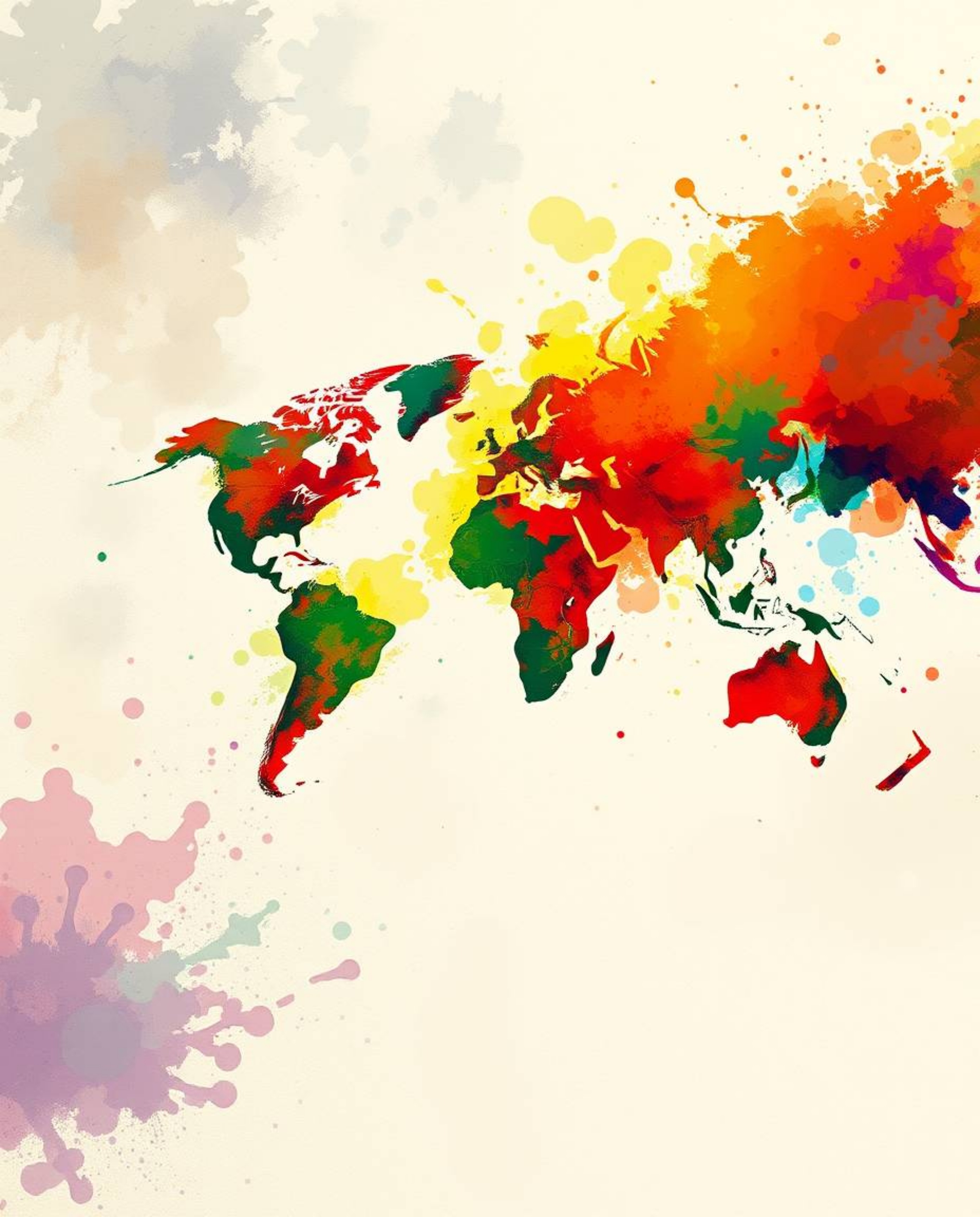 This artwork features a low-angle perspective digital sketch of a world map, brought to life with bright, colorful splashes a
