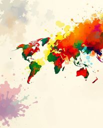 This artwork features a low-angle perspective digital sketch of a world map, brought to life with bright, colorful splashes a
