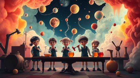 Dive into a dreamlike world where quirky children in stylized school uniforms conduct fantastical experiments.  Witness vibra