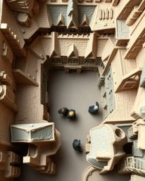 Experience a unique bird's eye view of a magical school meticulously crafted from layered papier-mâché. This sculpted model, 