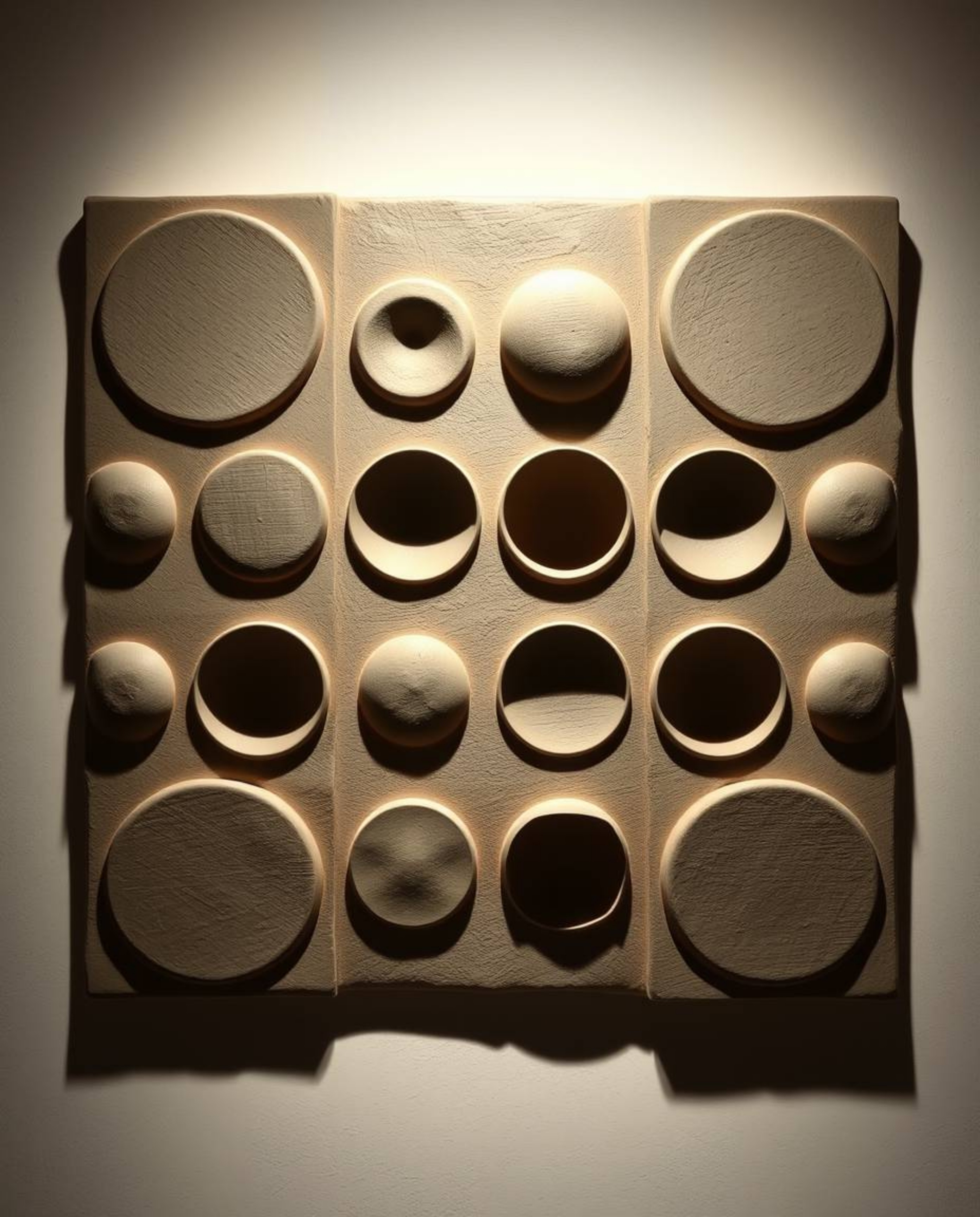 Discover a stunning minimalist clay sculpture, inspired by Bauhaus design.  This artwork features a captivating geometric pat