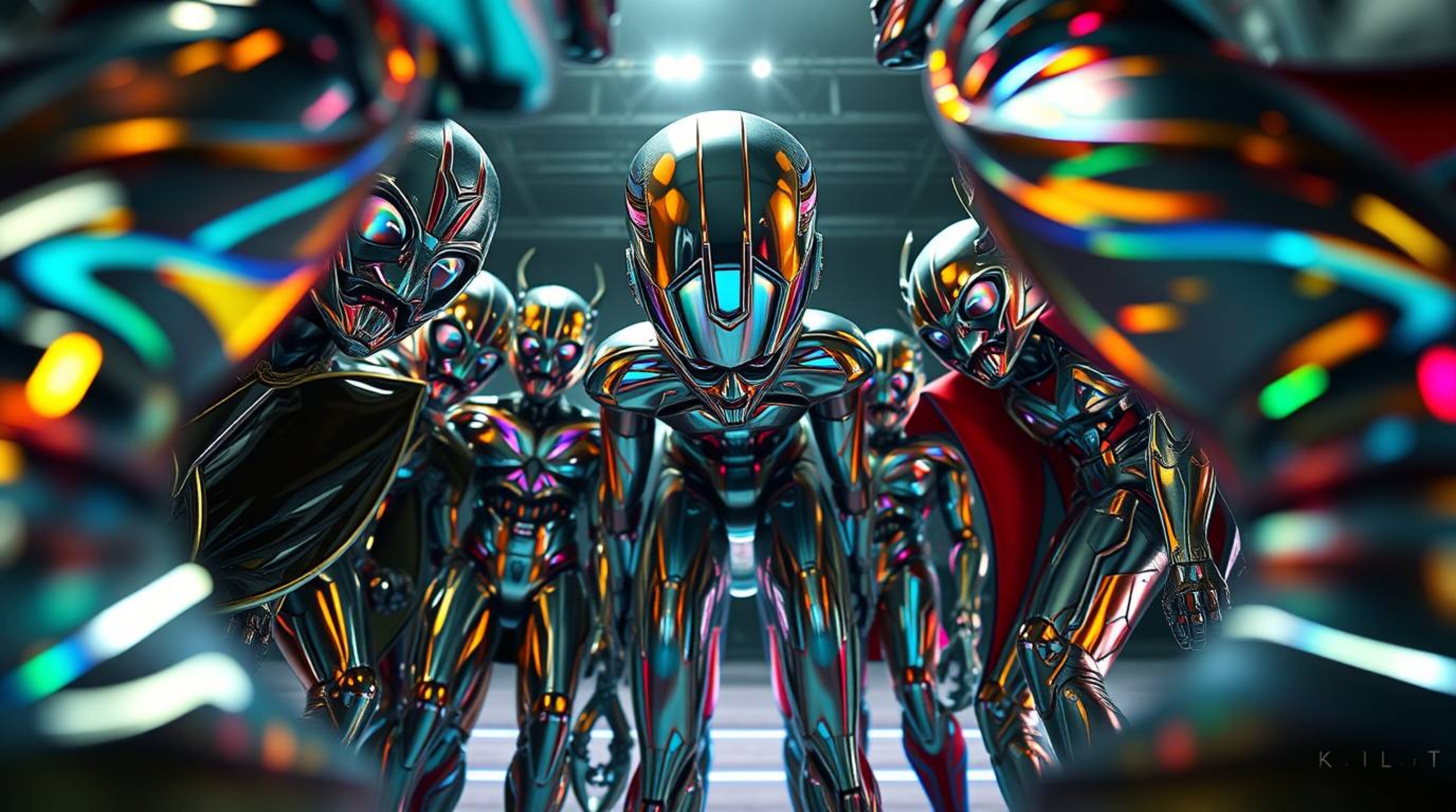 A captivating high-resolution stock photo depicts a low-angle view of a diverse team of misfit heroes uniting.  The image fea