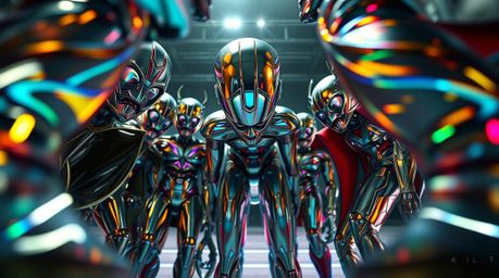 A captivating high-resolution stock photo depicts a low-angle view of a diverse team of misfit heroes uniting.  The image fea