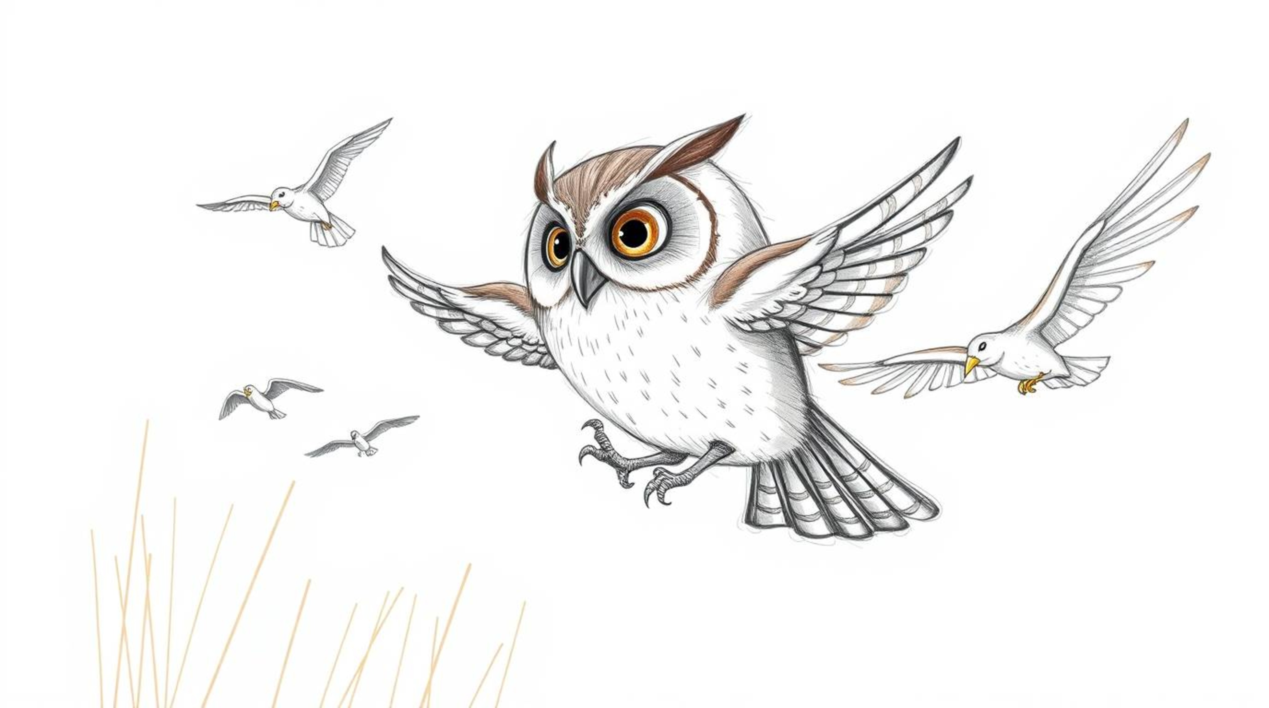 A heartwarming hand-drawn sketch in the style of Pixar depicts a gentle, blind owl guiding a flock of birds through a golden 
