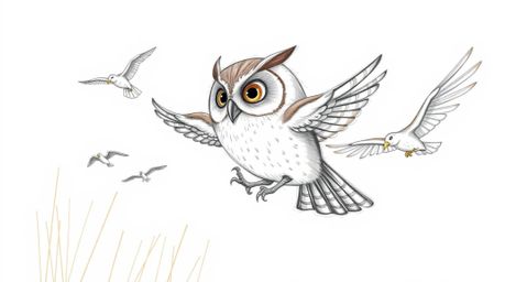 A heartwarming hand-drawn sketch in the style of Pixar depicts a gentle, blind owl guiding a flock of birds through a golden 