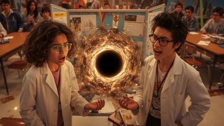 A vibrant, cinematic photograph captures the chaos and frenzy of a science fair mishap in a stylized, Pixar-inspired aestheti