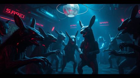 Experience a unique and unsettling sci-fi scene: an animal dance party bathed in disco lights, advanced technology, and space