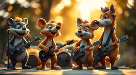 A captivating image of a cartoon animal rock band, bathed in the warm glow of golden hour light.  The band is sharply in focu