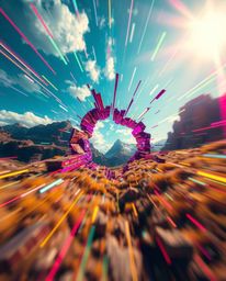Experience a breathtaking digital glitch landscape, captured from a low angle perspective, showcasing a world breaking apart 