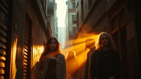 A captivating photograph showcasing rebellious teens in a grungy city alley.  Volumetric lighting creates a warm, golden glow