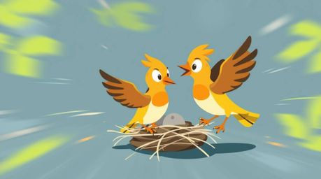 Experience the charm of dynamic motion in a modern flat design as two cartoon birds diligently build their nest in a classic