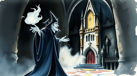 A captivating watercolor painting depicts a classic Disney villain casting a spell within an ancient castle.  The artwork uti