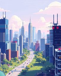 This is a digital painting depicting a glitchy and distorted cityscape, rendered with adorable and charming features. The lan