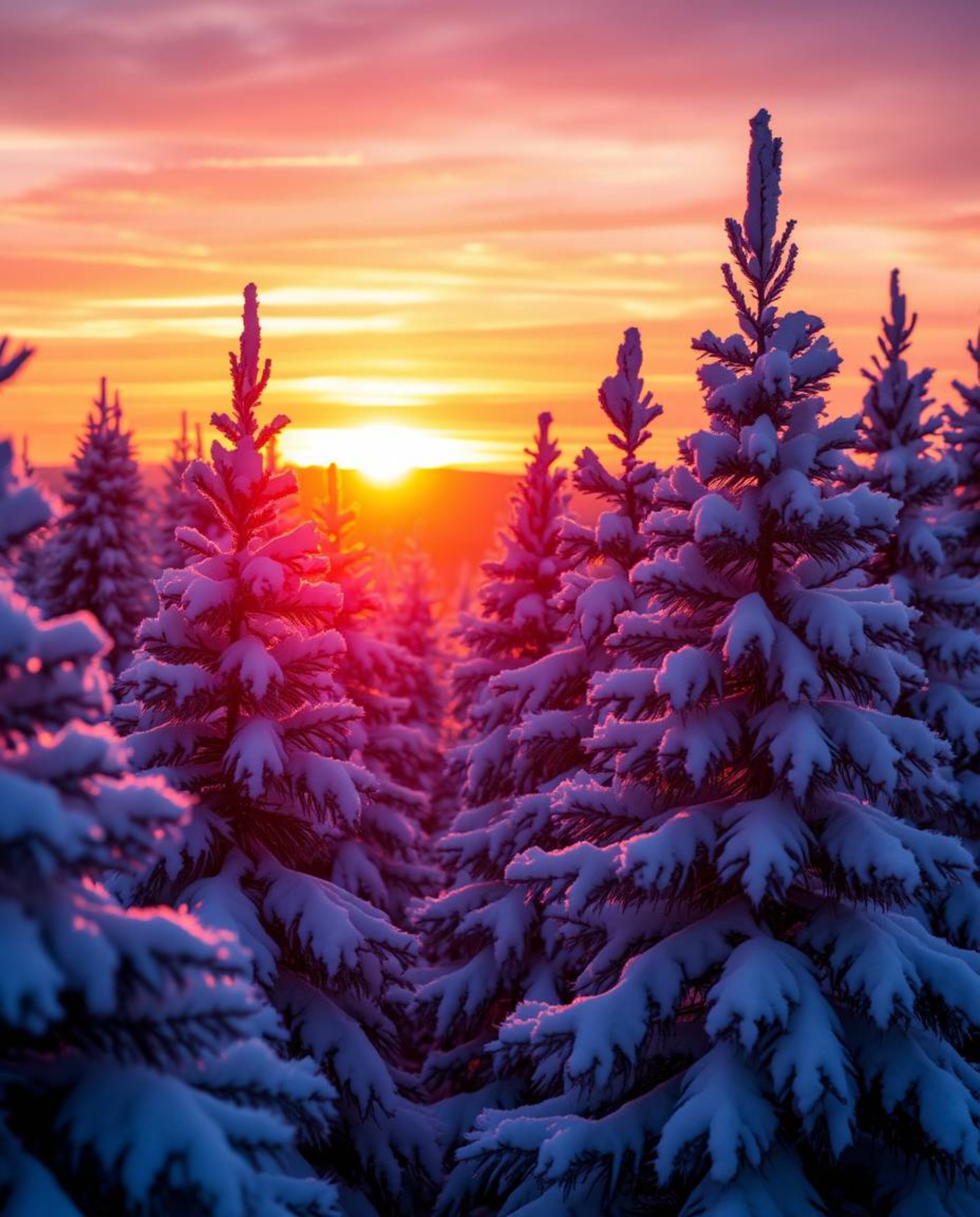 Snowy pine trees at sunset are captured with breathtaking iridescent light reflections, creating a magical atmosphere. The sc
