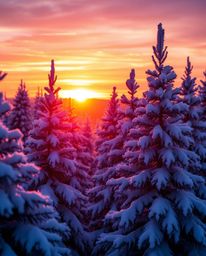 Snowy pine trees at sunset are captured with breathtaking iridescent light reflections, creating a magical atmosphere. The sc