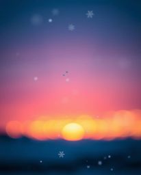 A soft cinematic image captures the serene beauty of snowflakes falling during a vibrant sunset. This picture is characterize
