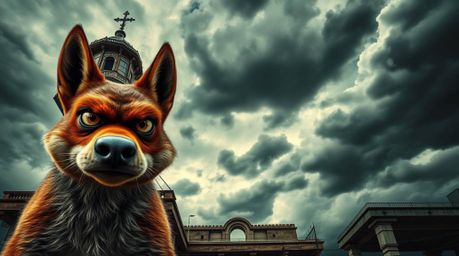 This captivating architectural photograph showcases a sarcastic animal sidekick with expressive eyes, set against a dramatic