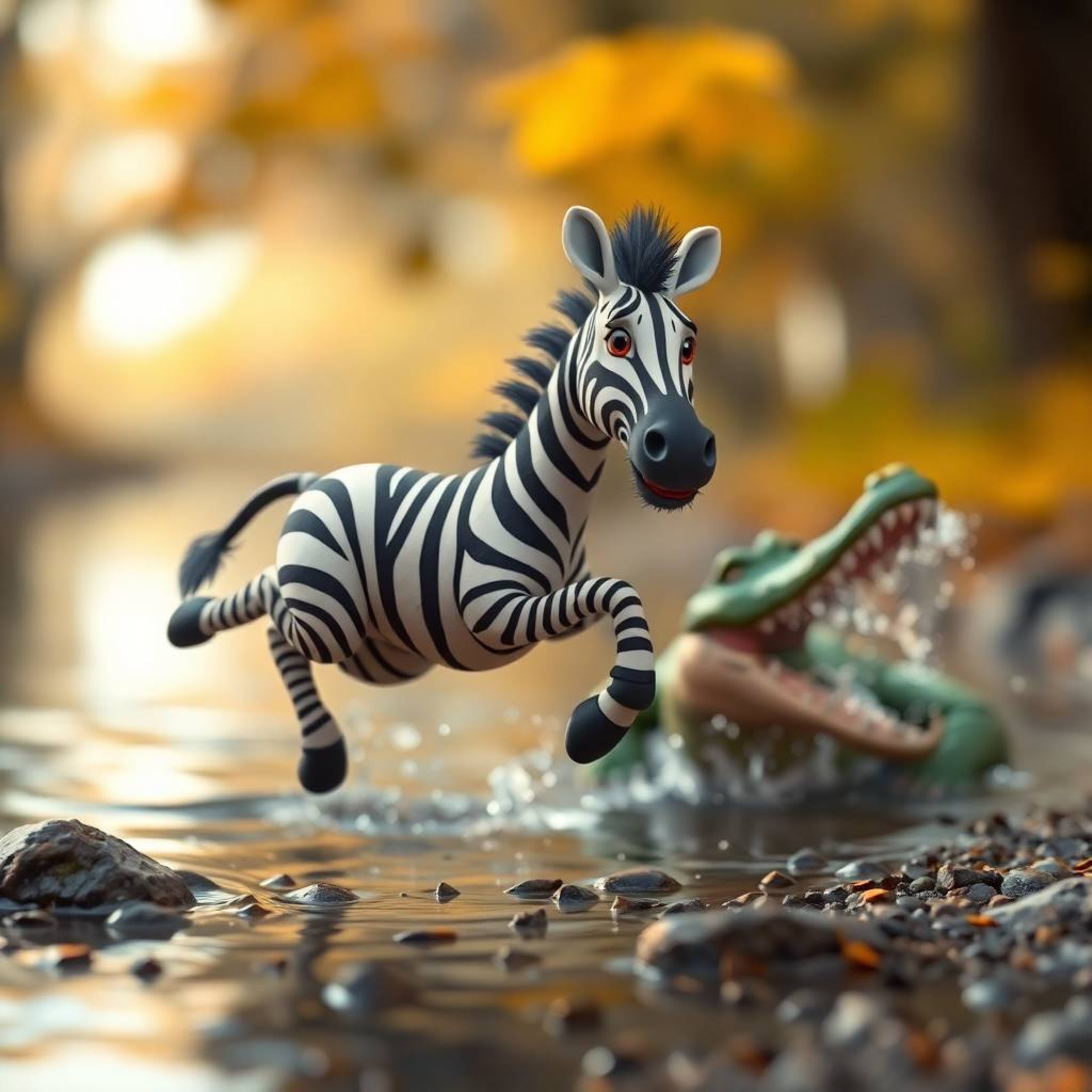 A vibrant 3D cartoon zebra faces a thrilling near escape as it leaps to a riverbank, with a menacing crocodile splashing clos