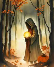 A delicate watercolor painting captures a cloaked figure standing amidst a misty forest, cradling a glowing orb. The artwork 