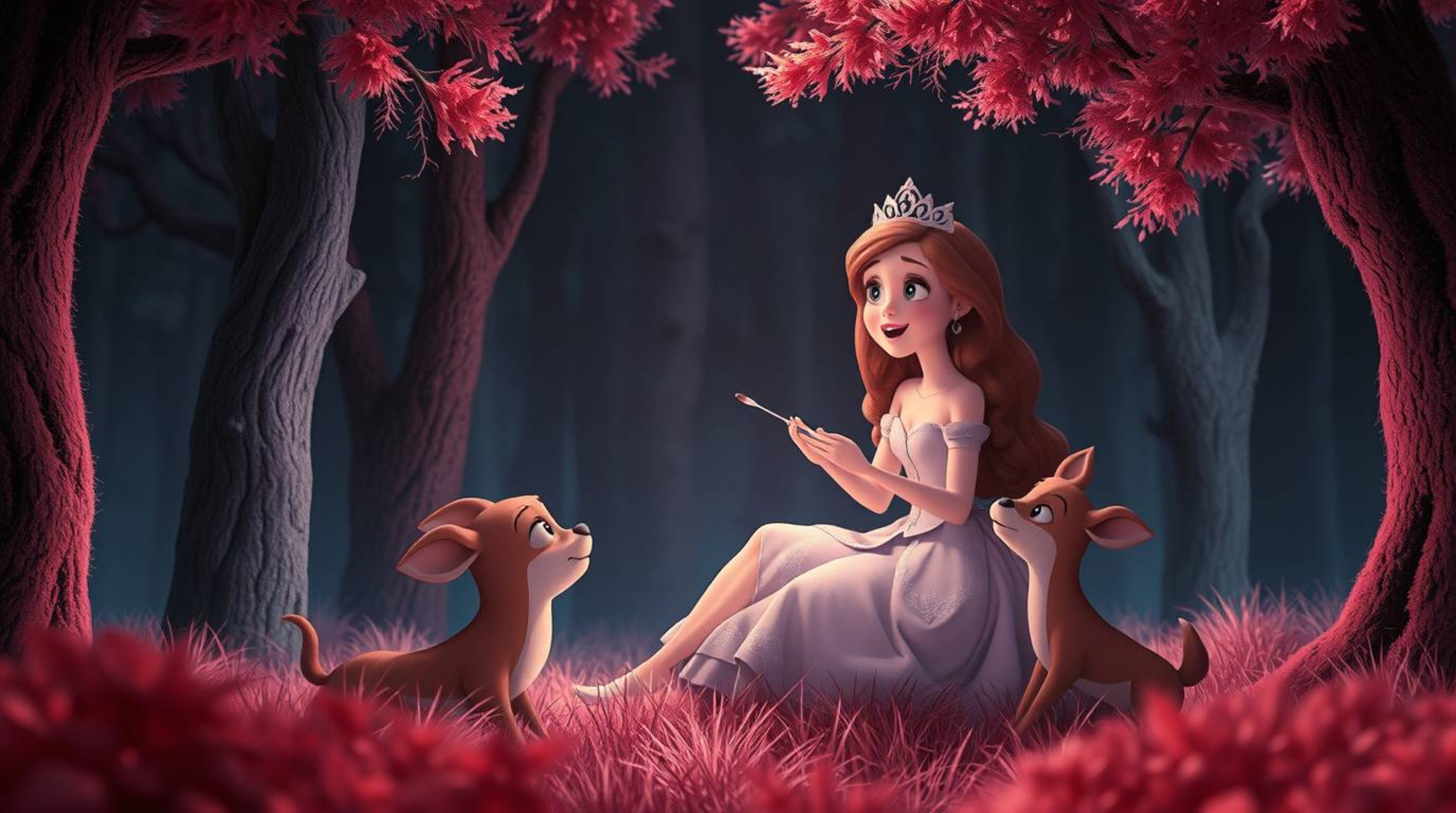 Experience a surreal scene captured in dramatic infrared tones, featuring a princess serenading forest animals in a captivati