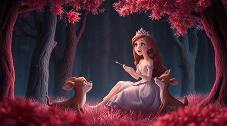 Experience a surreal scene captured in dramatic infrared tones, featuring a princess serenading forest animals in a captivati