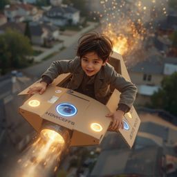 Exquisite high-fashion photography of a boy with curious eyes, soaring through the sky in a meticulously crafted, glowing car