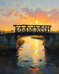 A classic oil painting portrays an old wooden bridge over a river at sunset, glowing with magical bioluminescent colors and n