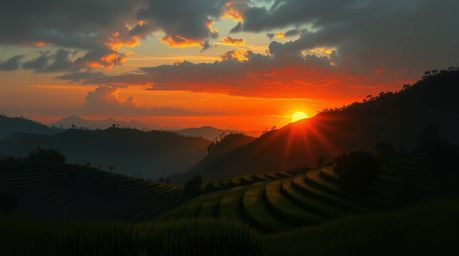A captivating digital sketch depicting a vibrant sunset over breathtaking rice terraces.  Rendered in high contrast, low-key 