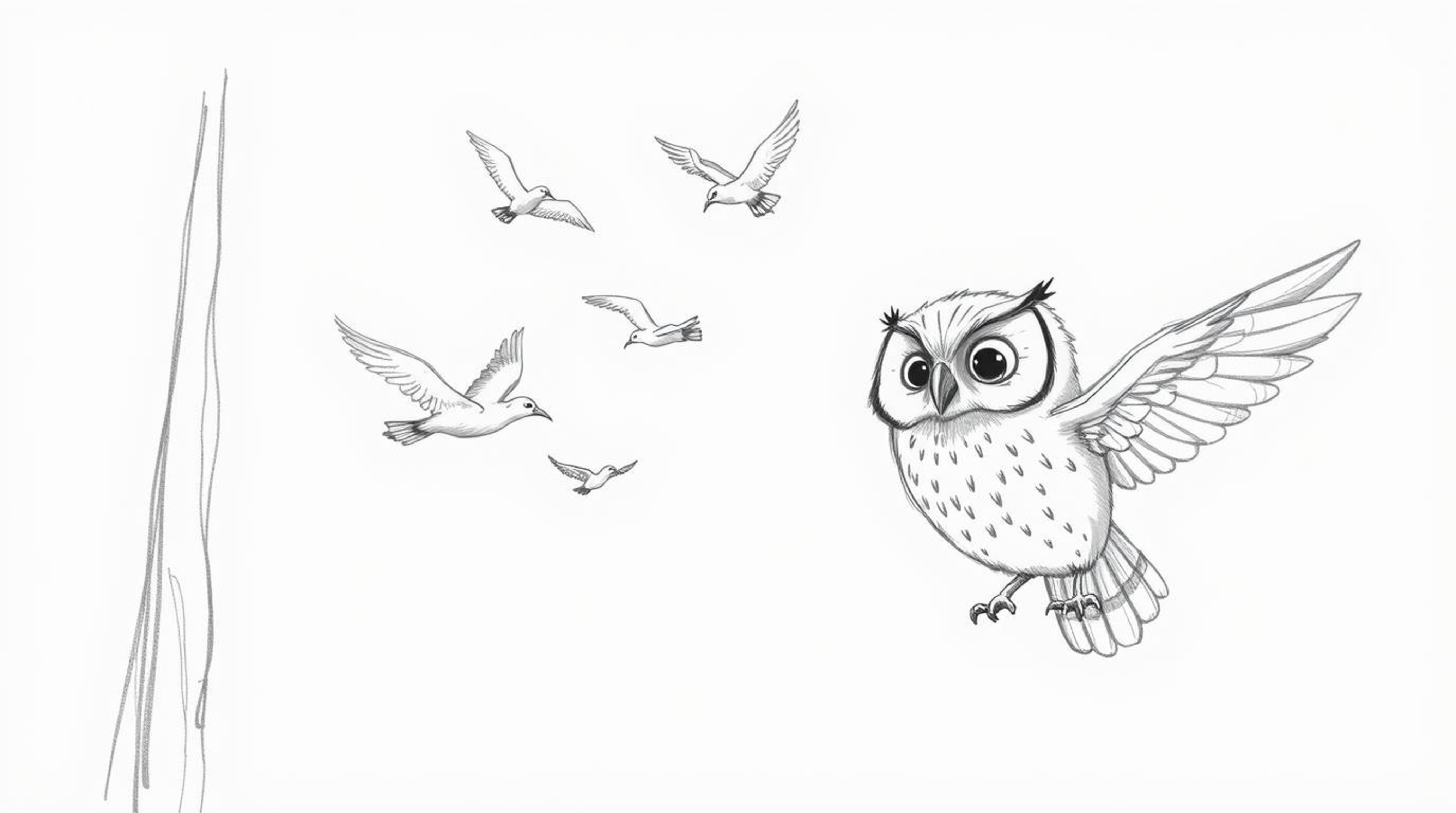A heartwarming hand-drawn sketch in the style of Pixar depicts a wise, blind owl with soft feathers patiently teaching a floc