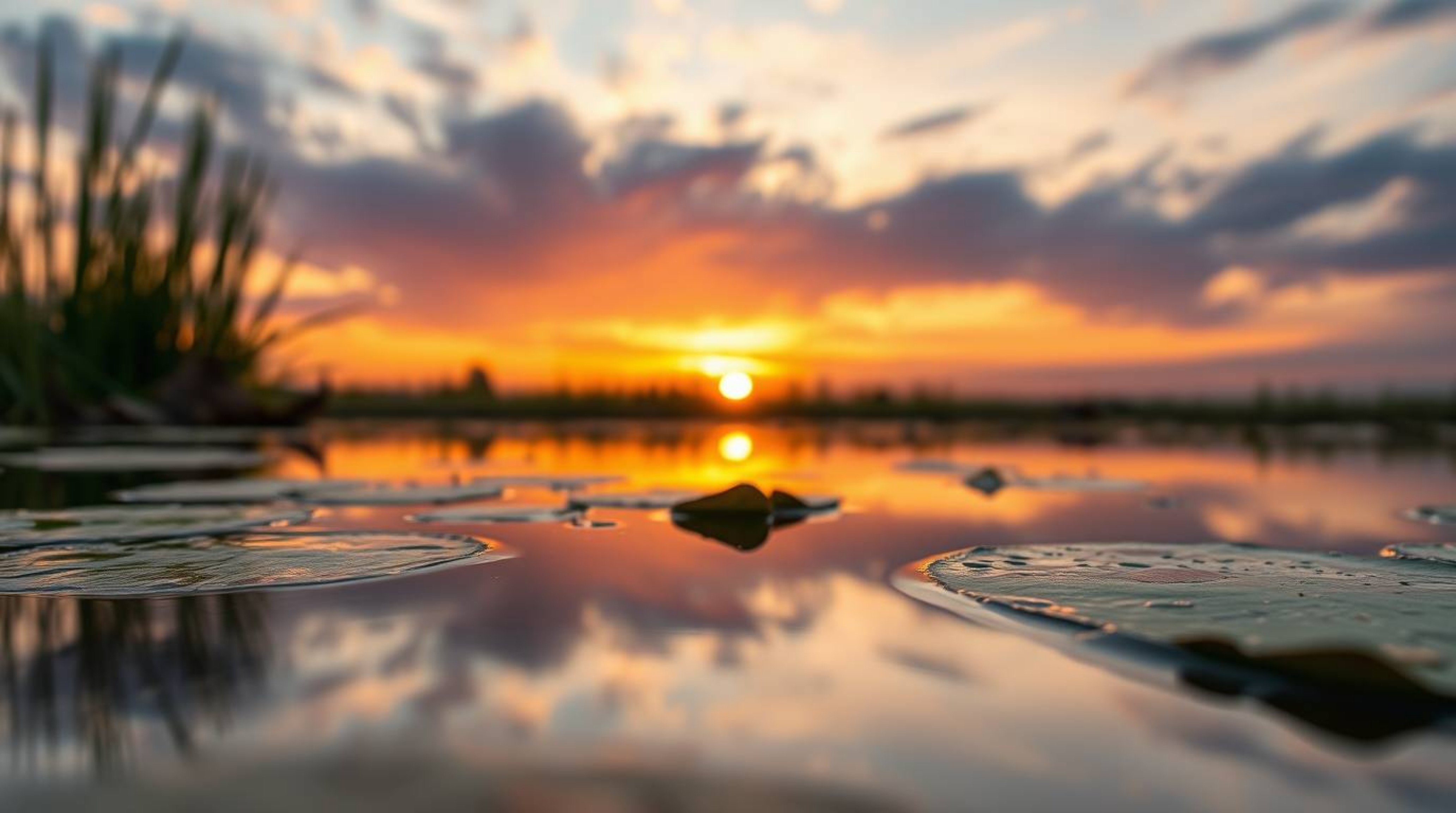 A stunning high-resolution photograph captures the serene beauty of a calm pond reflecting a vibrant sunset.  The image boast