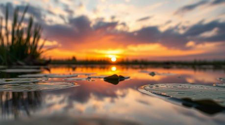 A stunning high-resolution photograph captures the serene beauty of a calm pond reflecting a vibrant sunset.  The image boast