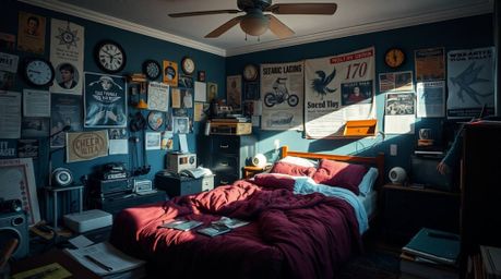 This image depicts a creatively cluttered bedroom filled with intriguing gadgets and vibrant posters. Rendered in a sophistic