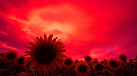 A captivating image showcases a low-angle perspective of a vast sunflower field bathed in the intense, dramatic light of a de
