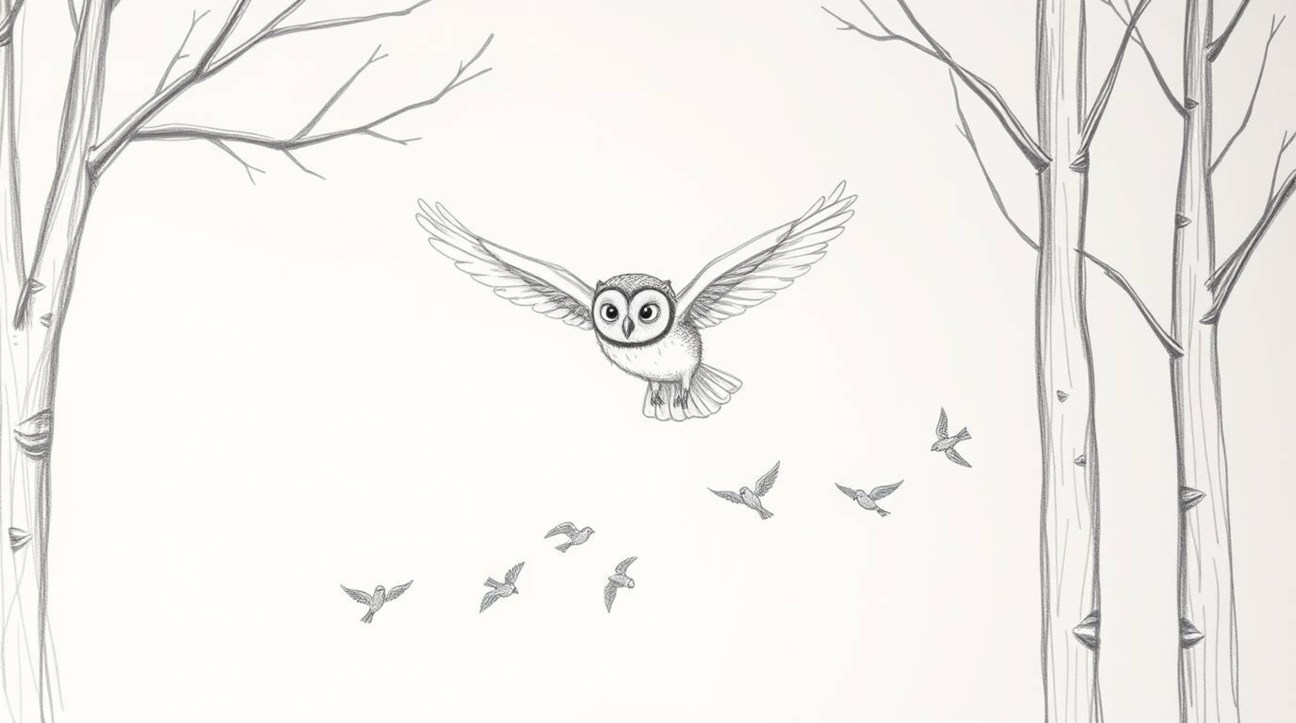 A heartwarming hand-drawn sketch in the style of Pixar depicts a blind owl gracefully gliding between trees, acting as a ment
