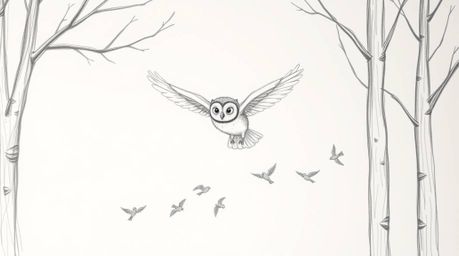 A heartwarming hand-drawn sketch in the style of Pixar depicts a blind owl gracefully gliding between trees, acting as a ment