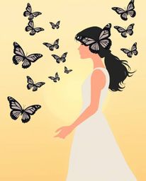 This captivating image depicts a girl in a simple dress releasing black and white butterflies into a warm, golden hour sky. T