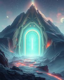 Immerse yourself in a world where futuristic sci-fi meets soft pastel colors, featuring an ancient doorway glowing with runes