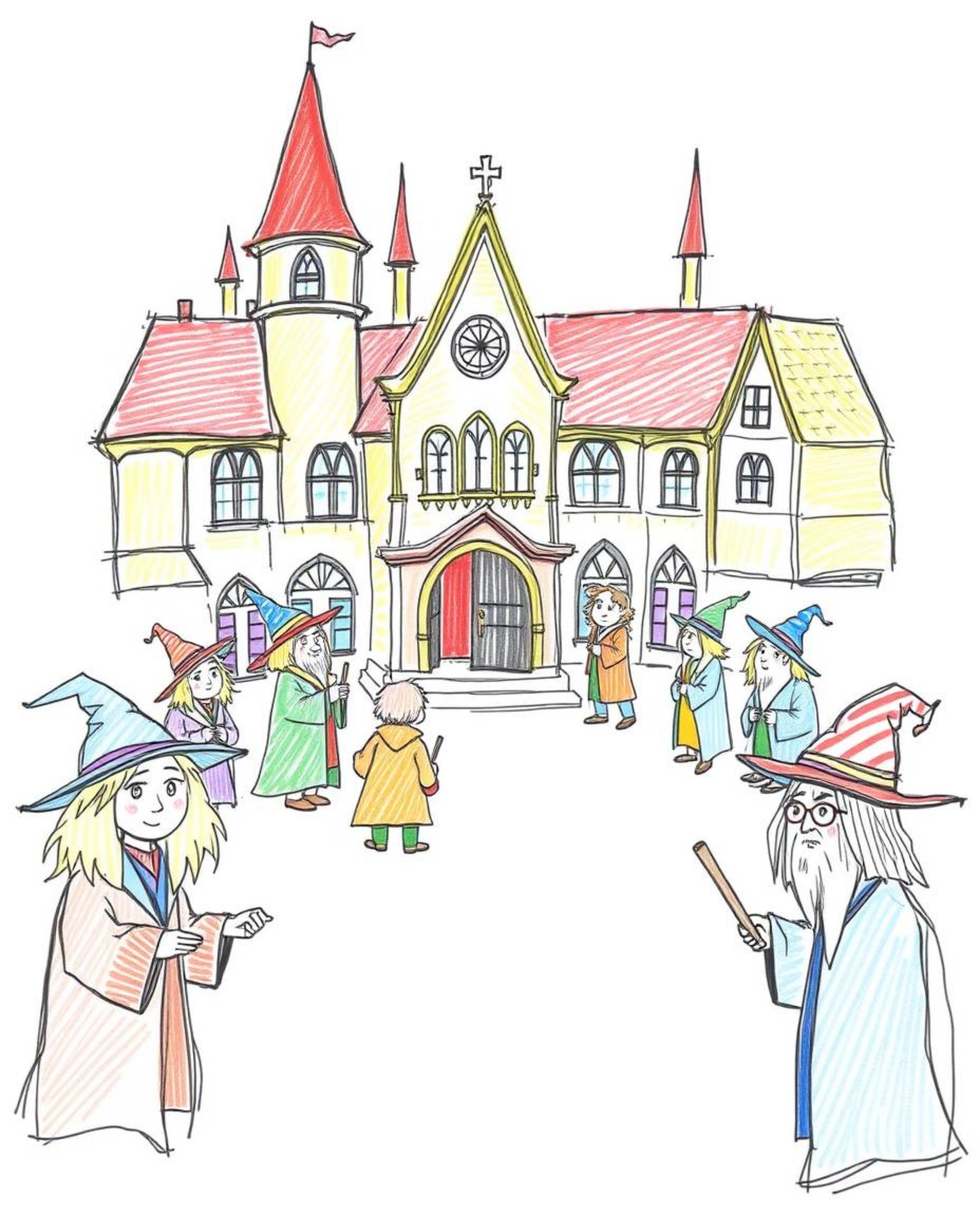 A captivating hand-drawn sketch depicts a magical school brimming with young wizards. The illustration utilizes vibrant comp