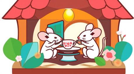 A vibrant and visually striking geometric logo design features anthropomorphic mice enjoying tea in a cozy cottage setting.
