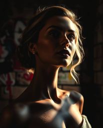 A captivating chiaroscuro image features vibrant graffiti-style splashes on a textured brick wall.  The strong contrasts betw