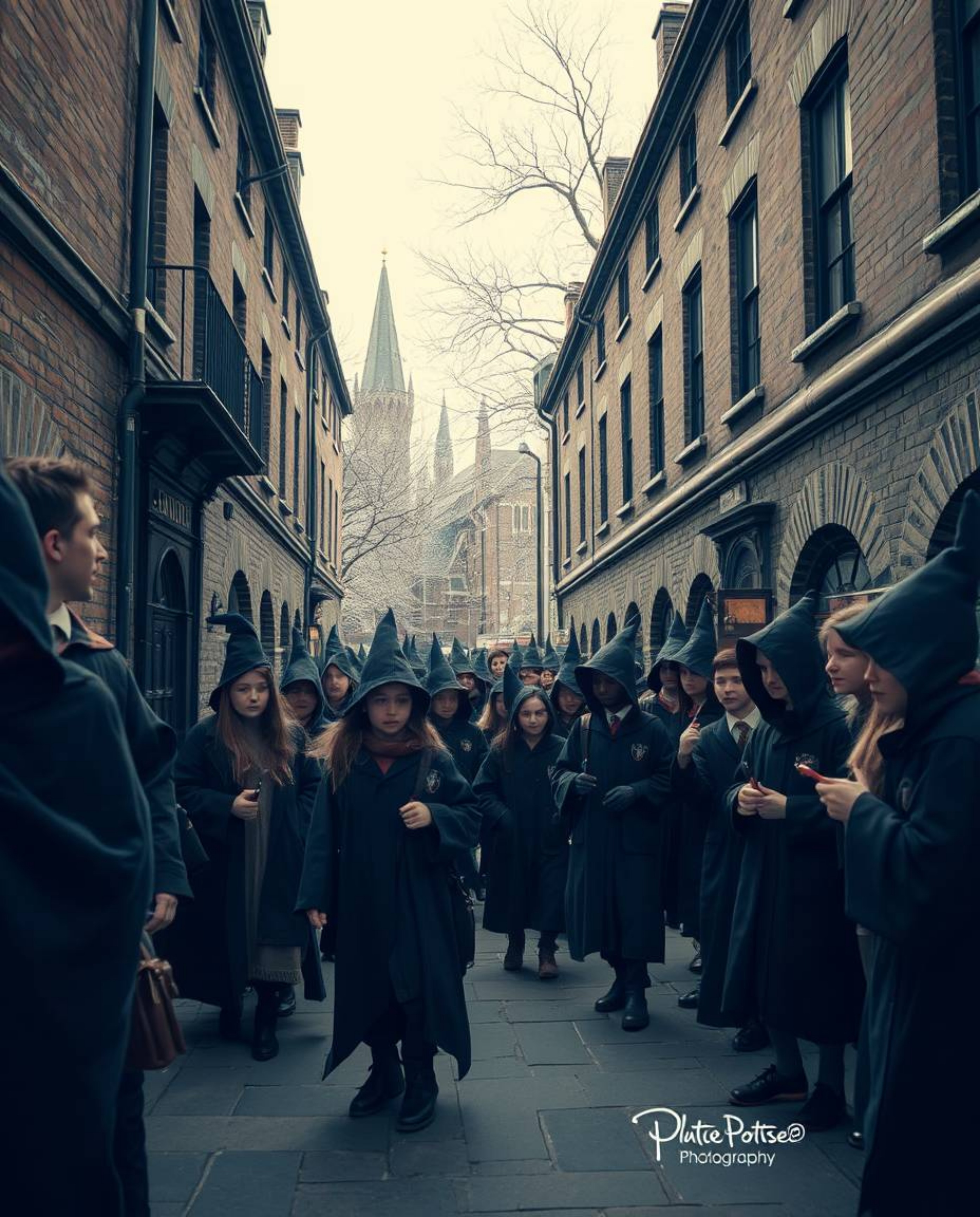 Discover a captivating series of street photography images depicting a magical school filled with young wizards.  The surreal
