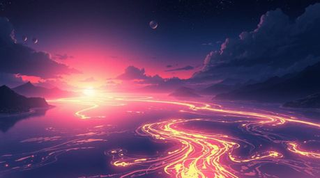 Immerse yourself in an ethereal, spiritual Isekai anime style landscape. This artwork features a river delta glowing in twili