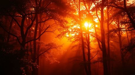 A captivating digital painting showcases warm, golden sunlight streaming through a dense forest at sunset.  The radiant and l