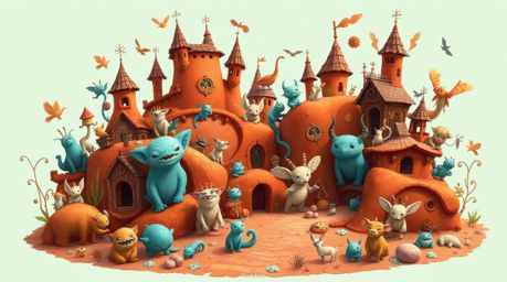 Explore a whimsical fantasy kingdom teeming with quirky magical creatures, rendered in a captivating blend of warm terracotta