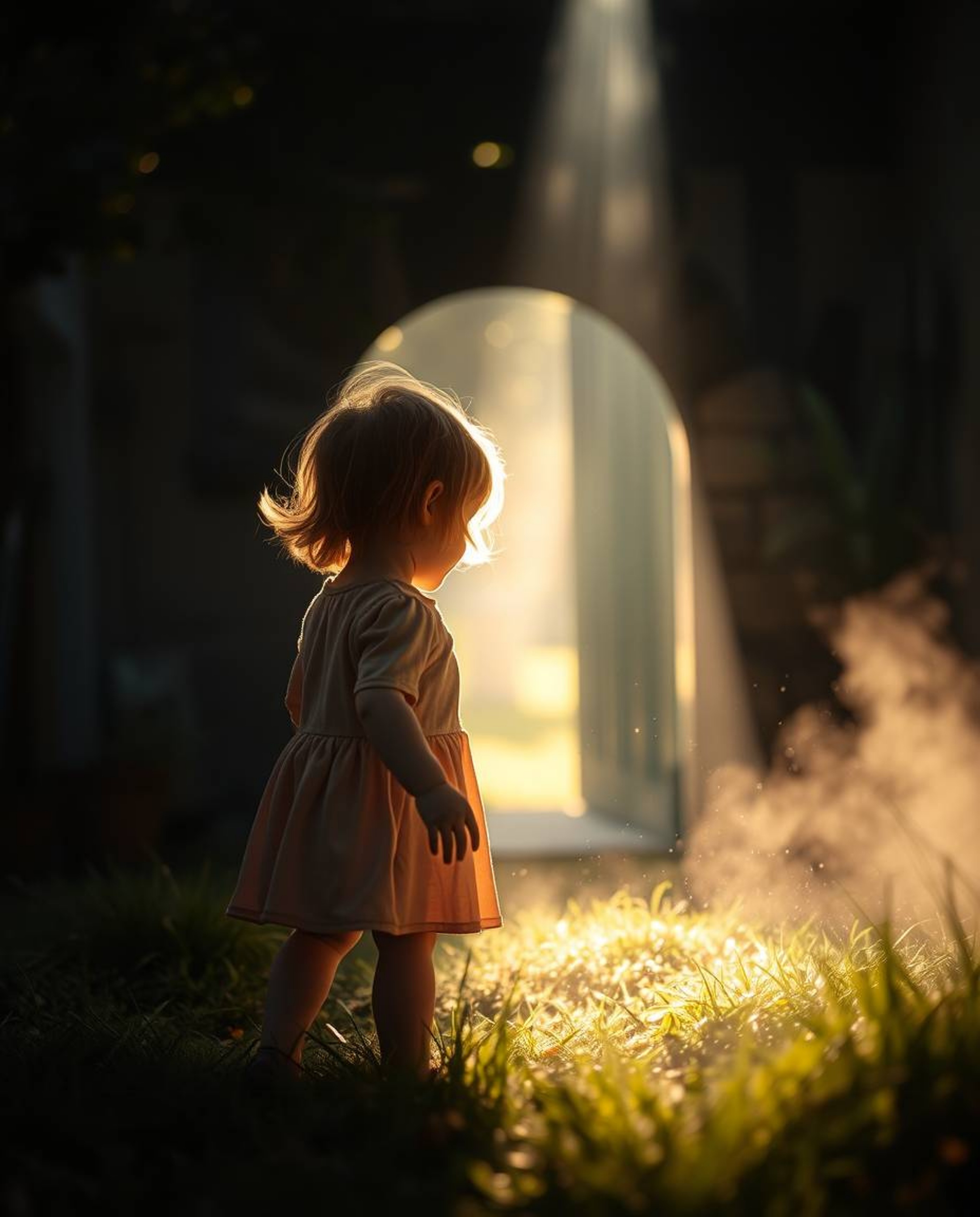 A child stumbles upon a mystical portal in their backyard, bathed in soft, volumetric lighting.  The scene is hazy and dreamy