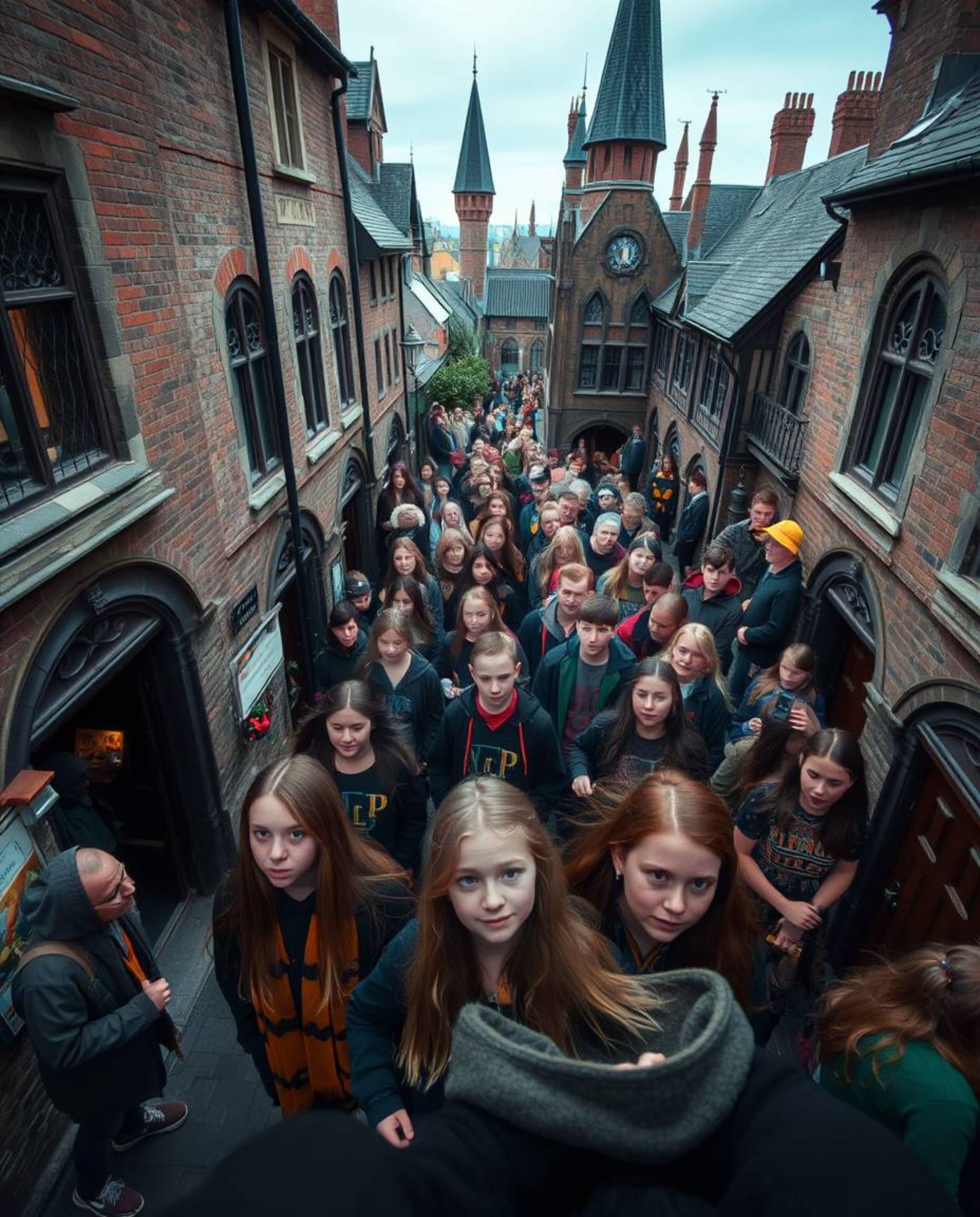 Explore a captivating world of young wizards within a magical school setting through high-angle, candid street photography. T
