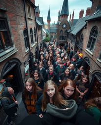 Explore a captivating world of young wizards within a magical school setting through high-angle, candid street photography. T