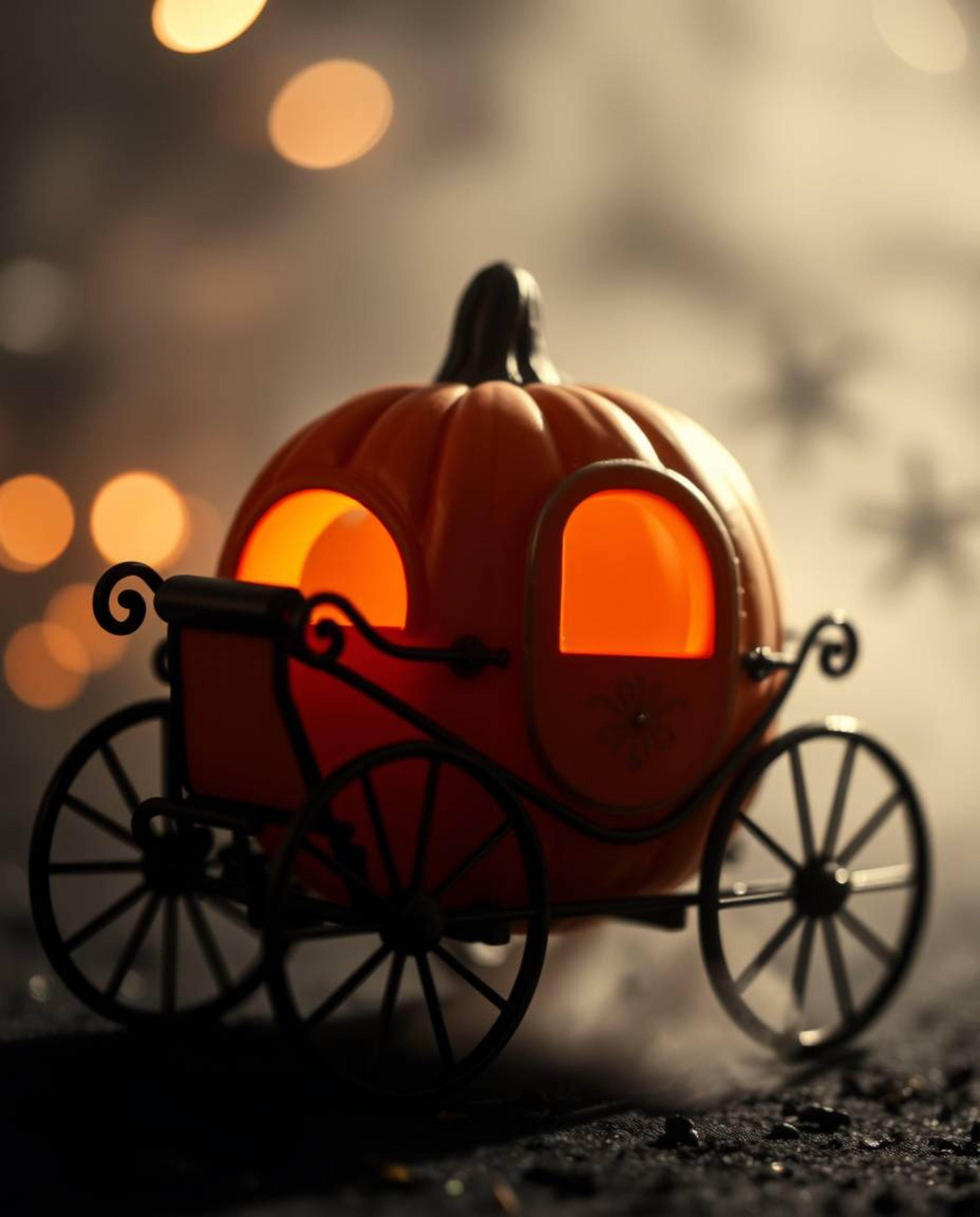 Witness a breathtaking transformation in this high-contrast image where a magical pumpkin metamorphoses into a magnificent ca
